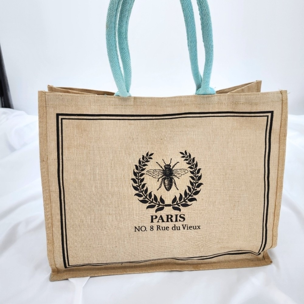Jute Cotton Paris Bee Tote Bag Large Tan Teal French Market Preppy Resort Beach